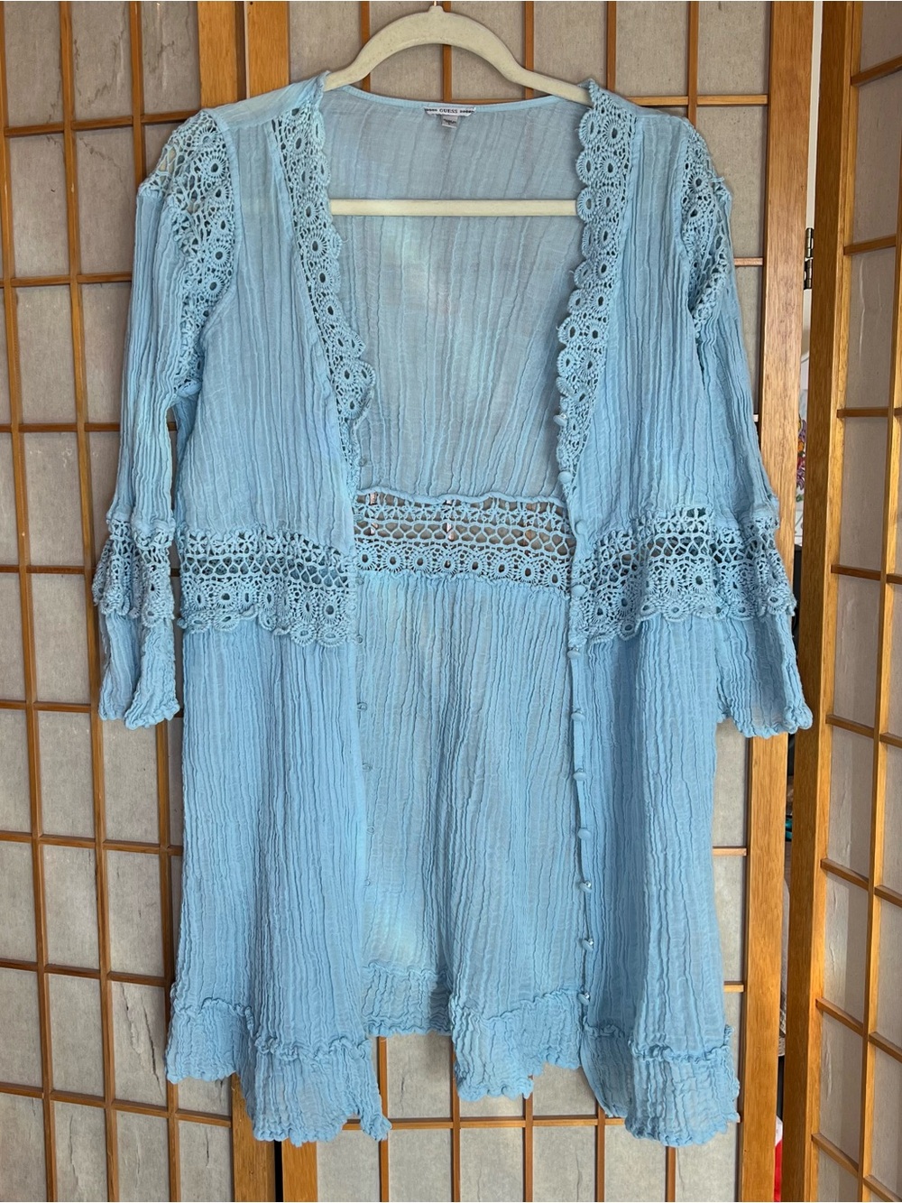 GUESS Powder Blue Crinkle Gauze Crochet Lace Duster Cardigan Kimono Jacket L